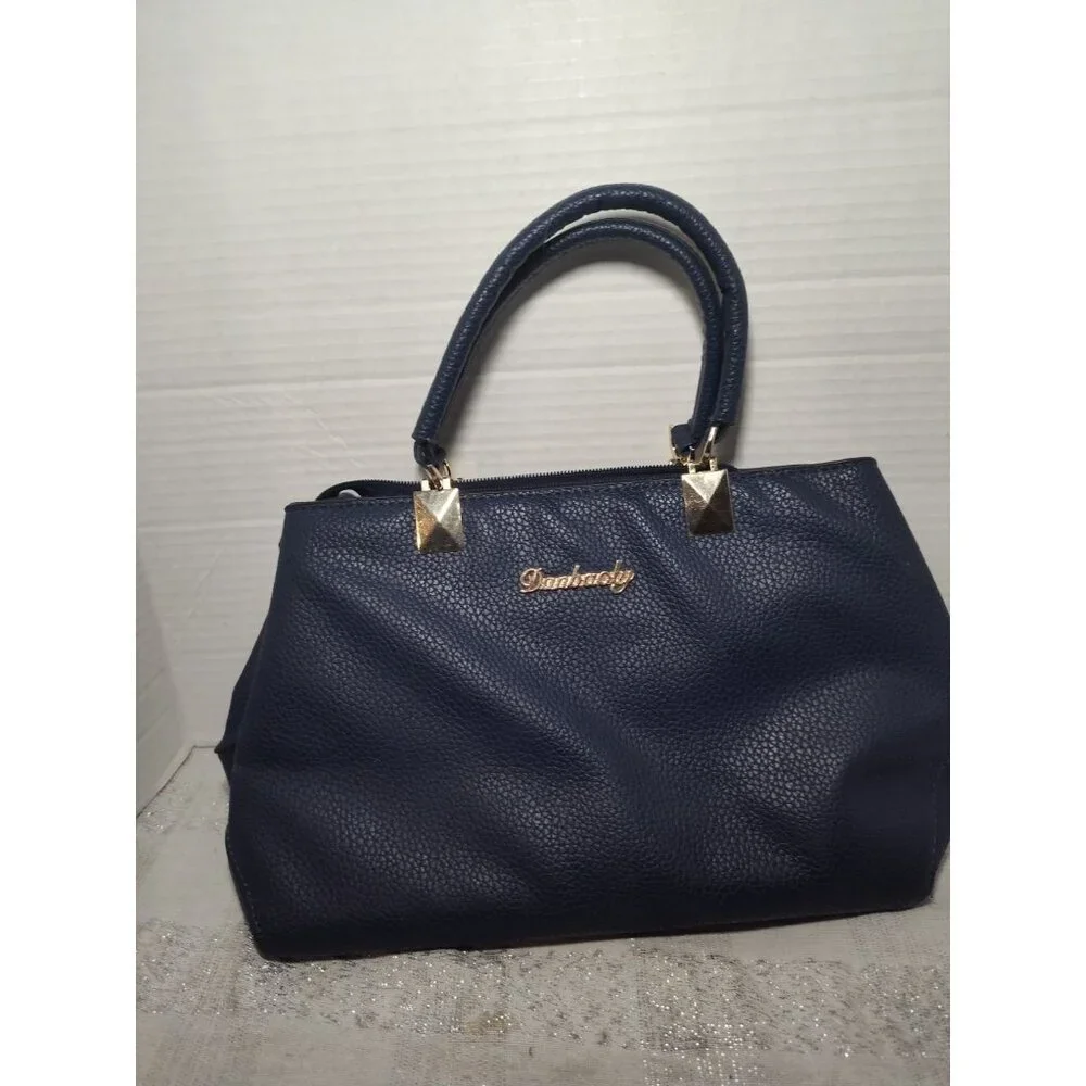 Danbaoly Women's Navy Tote Handbag‎ Faux Leather Gold hardware Brown lining